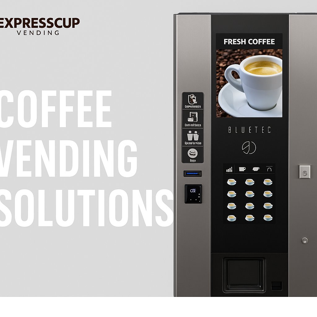 Coffee vending machine with 'Expresscup Vending' branding and 'Fresh Coffee' display.