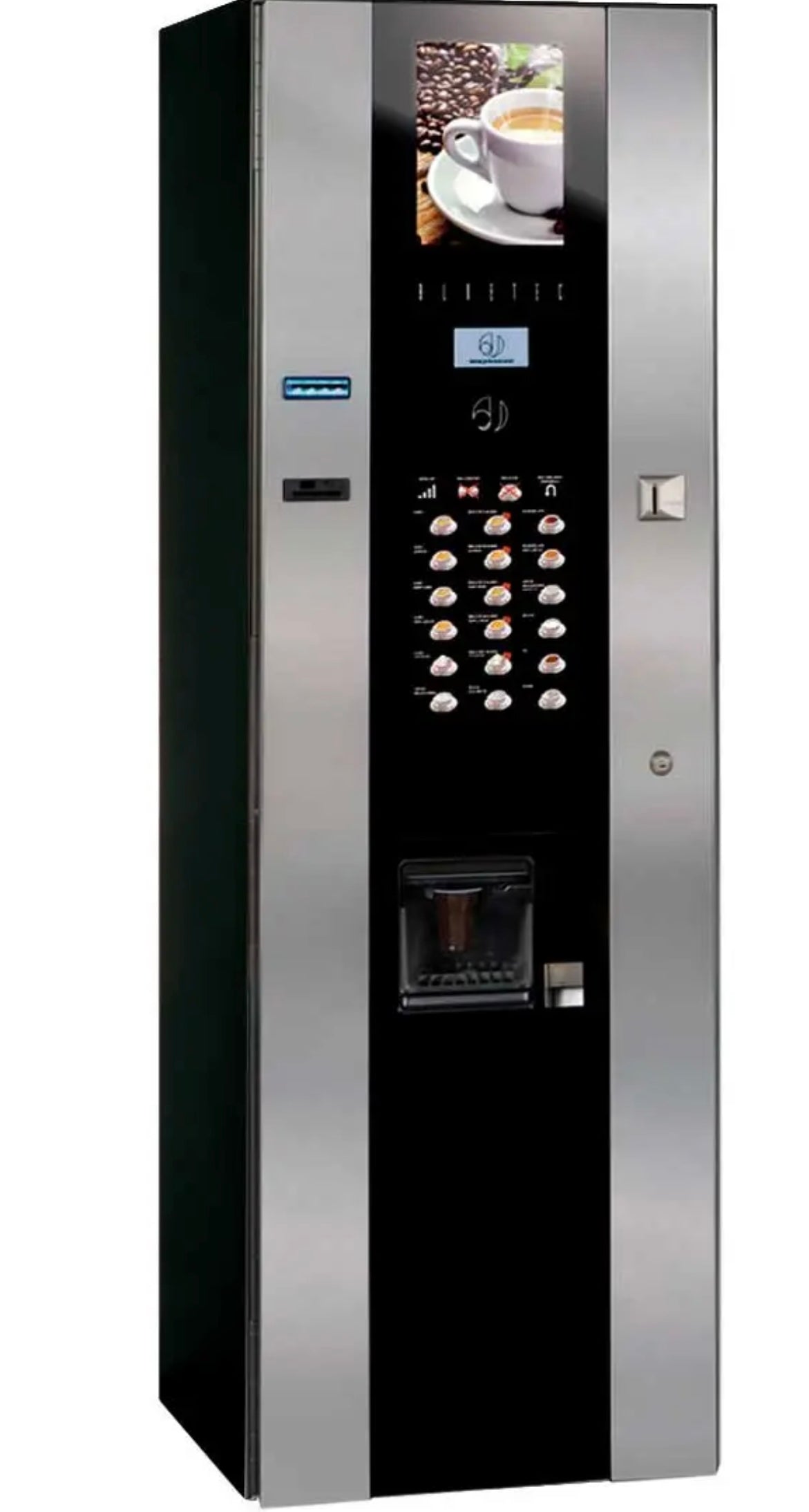 Coffee vending machine with a cup of coffee on the display screen.