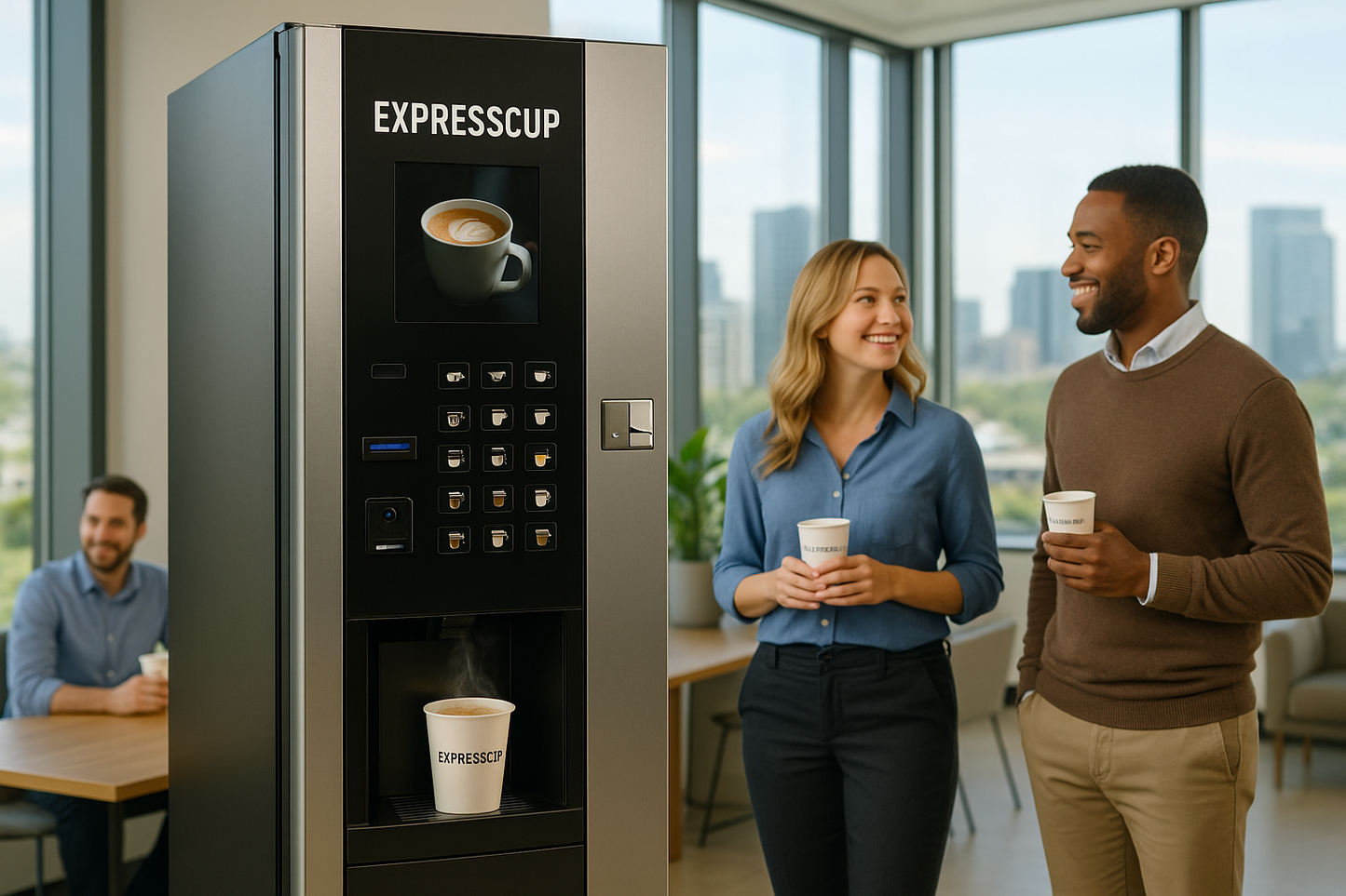 ExpressCup coffee vending machine in an office setting with employees enjoying fresh coffee, free workplace service in Miami.