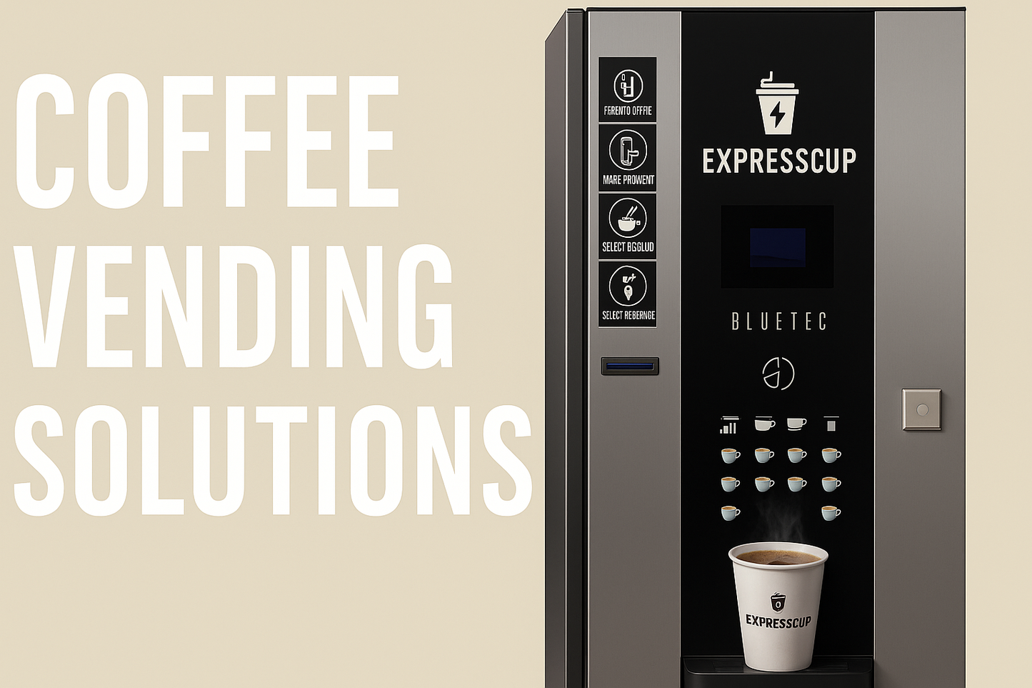 Coffee vending machine with 'Expresscup' branding on a beige background